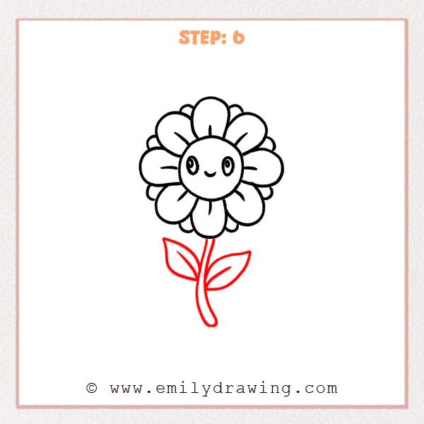 how to draw a cartoon flowers - Step 6 of how to draw cartoon flowers—A curved stem is added beneath the smiling flower, with two simple leaves and a single vein line on each leaf.